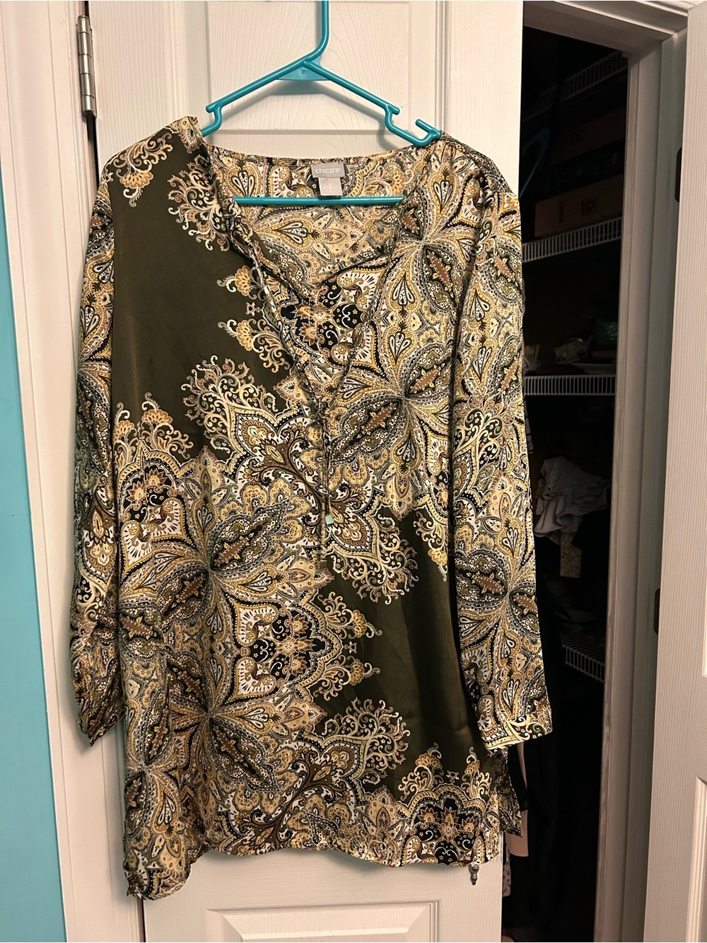 Chico's Olive Paisley Lace-Up V-Neck Long Sleeve Tunic Dress